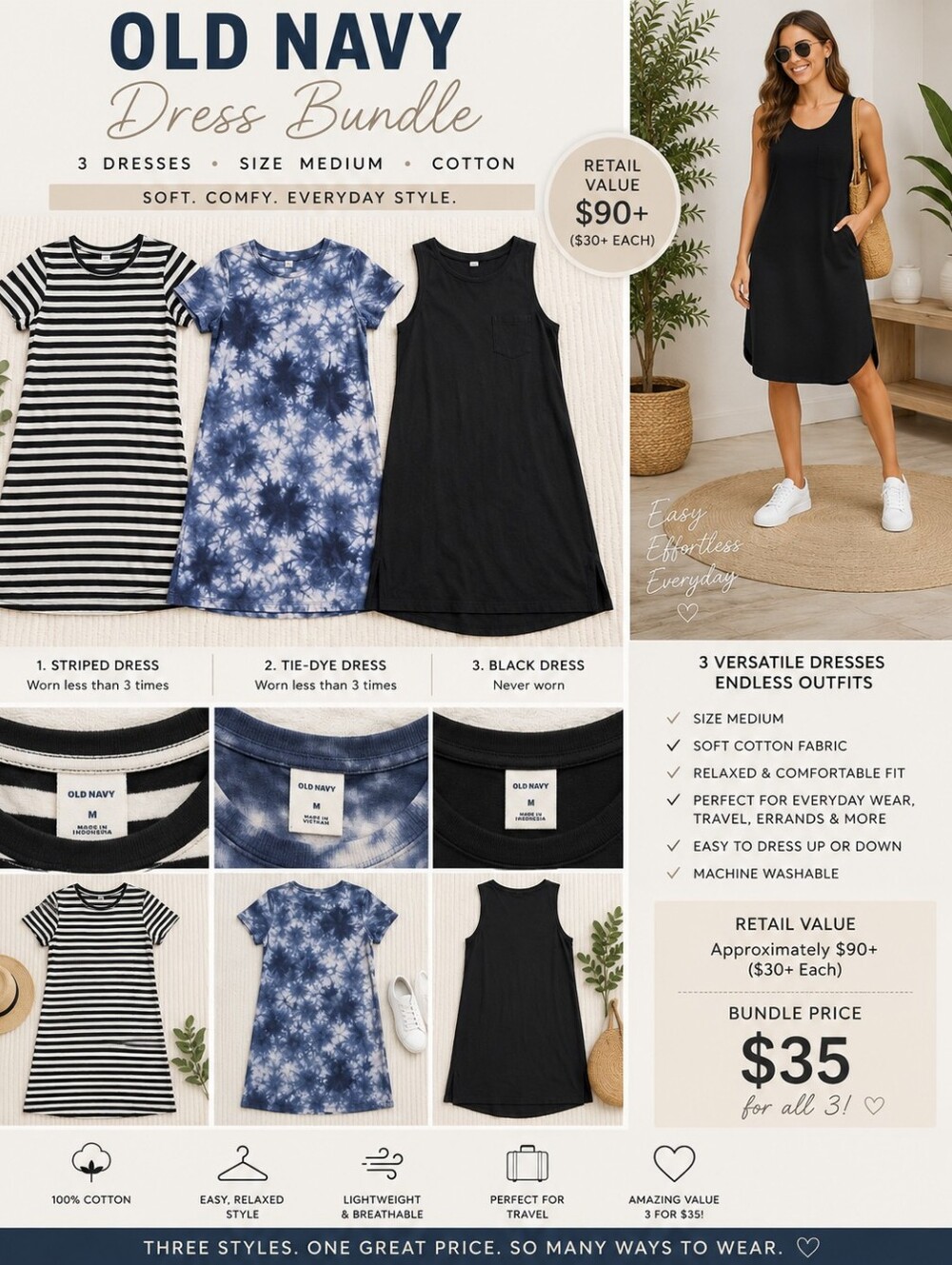 Old Navy Dress Bundle Size Medium | 3 Cotton Casual Dresses | Retail $90+
